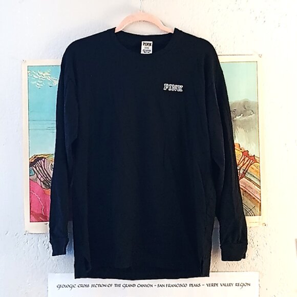 PINK Victoria's Secret Oversized Black Rhinestone Campus Long Sleeve Tee Medium - Picture 2 of 5